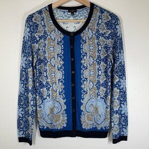 Talbots Sweater Womens Small Petite Blue Gold Paisley Cardigan Preppy
